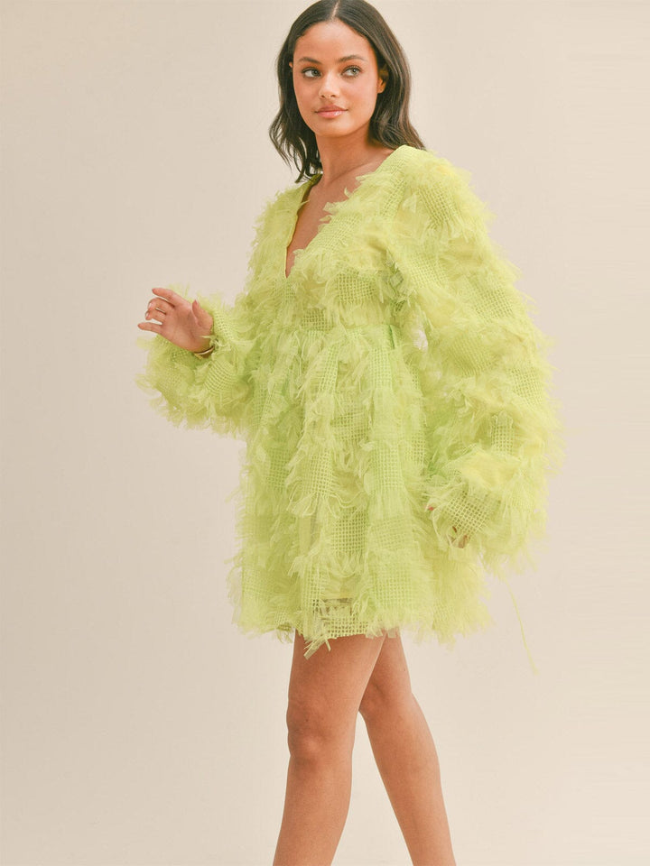 WOMEN'S LONG SLEEVE V-NECK FEATHER DETAILED MINI DRESS