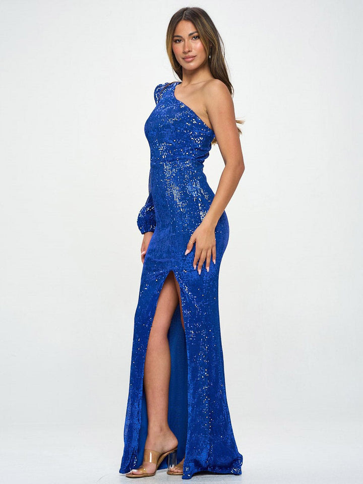 WOMEN'S SLEEVELESS ONE SHOULDER BACK DETAILED SEQUINS MAXI DRESS