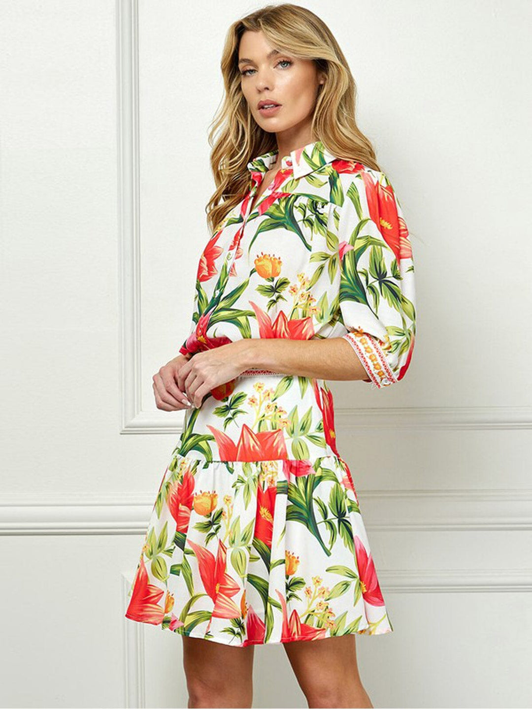 WOMEN'S SHORT SLEEVE BUTTON UP TOP & MINI SKIRT FLORAL 2PC.SET