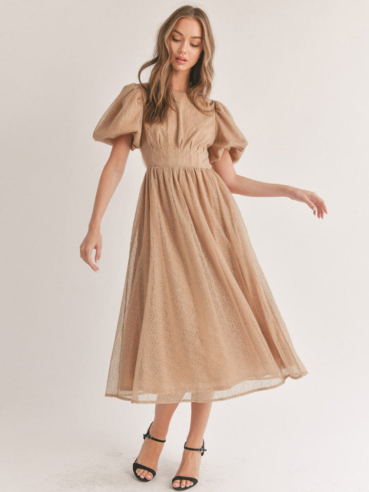 WOMEN'S SHORT PUFF SLEEVE ELASTIC WAIST OPEN BACK MAXI DRESS