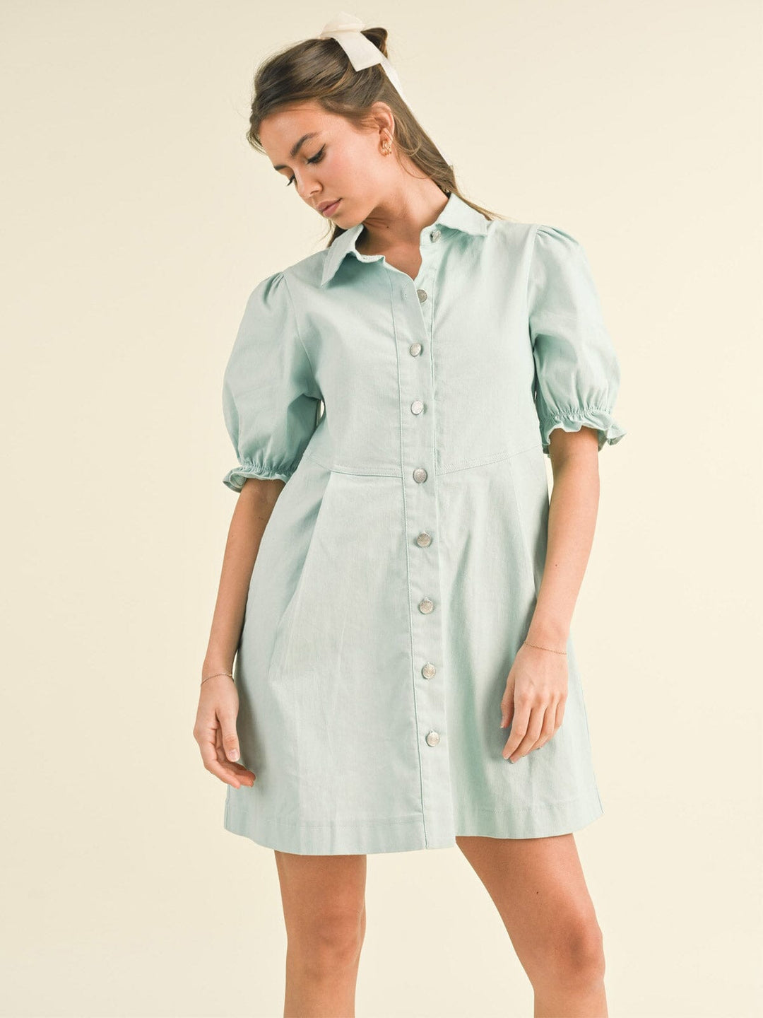 WOMEN'S SHORT PUFF SLEEVE BUTTON UP POCKETS DENIM MINI DRESS