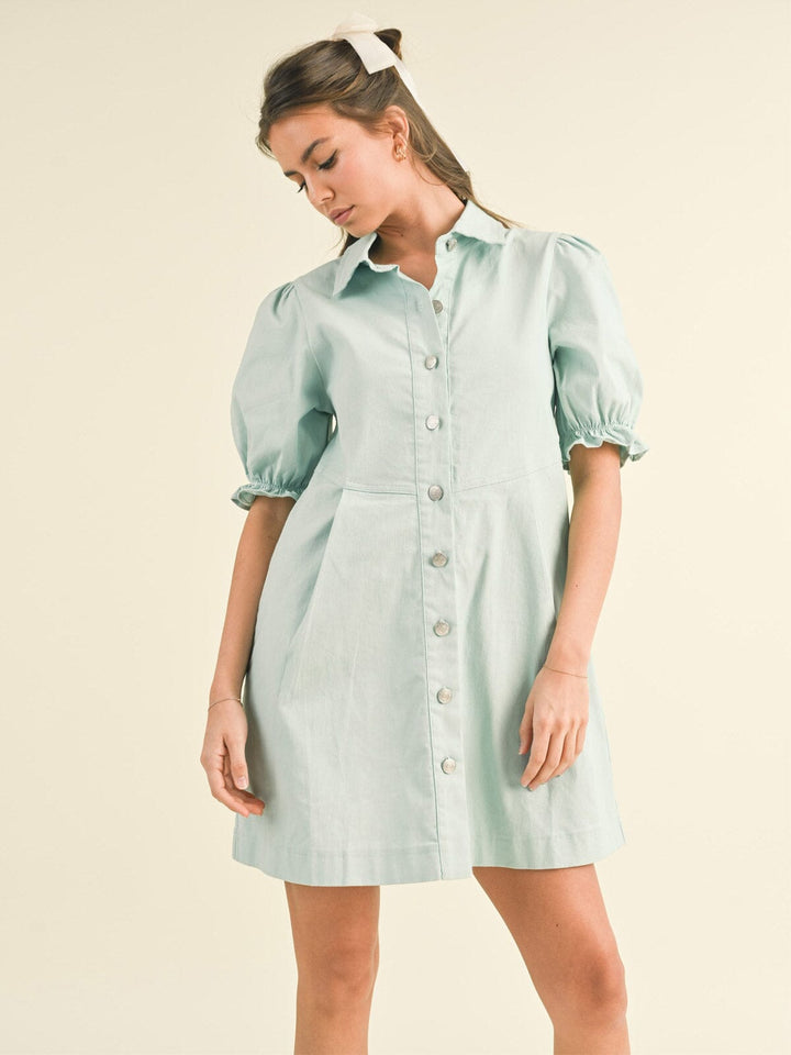 WOMEN'S SHORT PUFF SLEEVE BUTTON UP POCKETS DENIM MINI DRESS