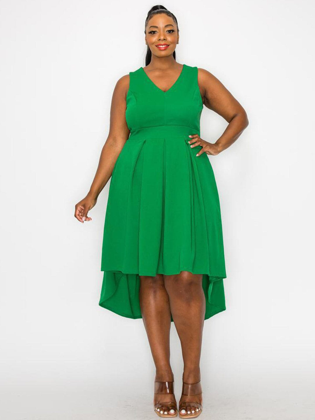 PLUS SIZE SLEEVELESS V-NECK HIGH-LOW MIDI DRESS