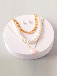 FASHION STUDS EARRINGS & HEART PENDANT CHAIN PEARL NECKLACE SET