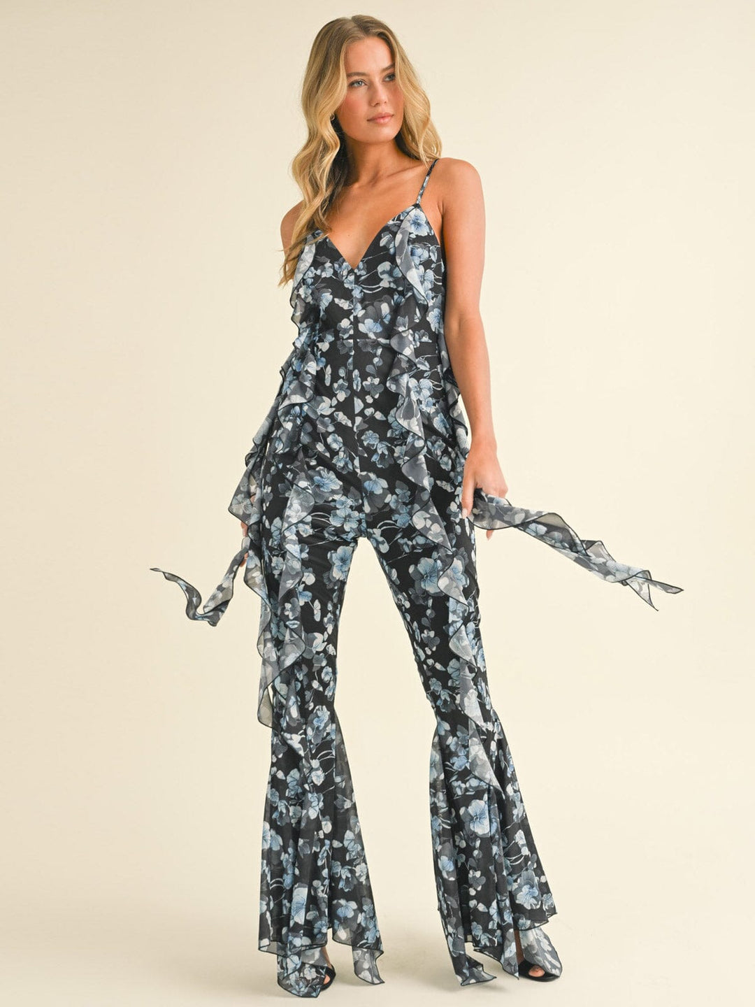 WOMEN'S SLEEVELESS V-NECK FLORAL RUFFLE BELL LEG JUMPSUIT