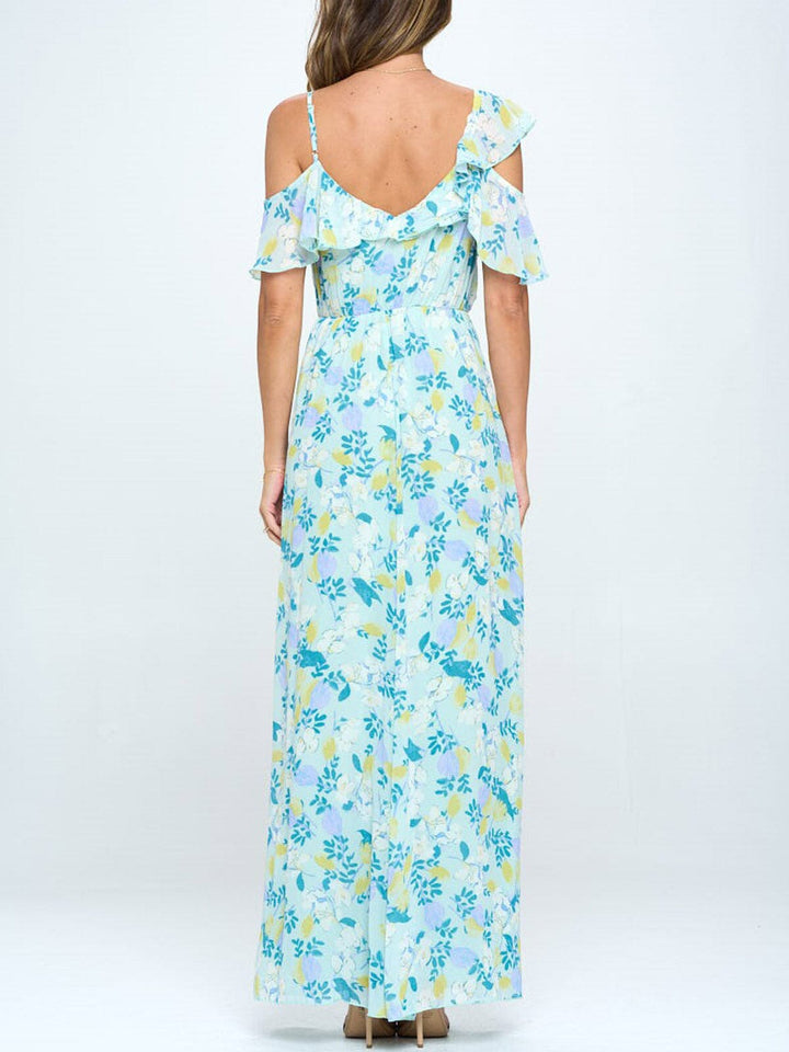 WOMEN'S COLD SHOULDER RUFFLE FLORAL MAXI DRESS
