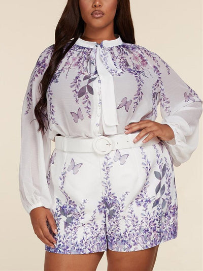PLUS SIZE PUFF LONG SLEEVE TOP & SHORTS FLORAL SET
