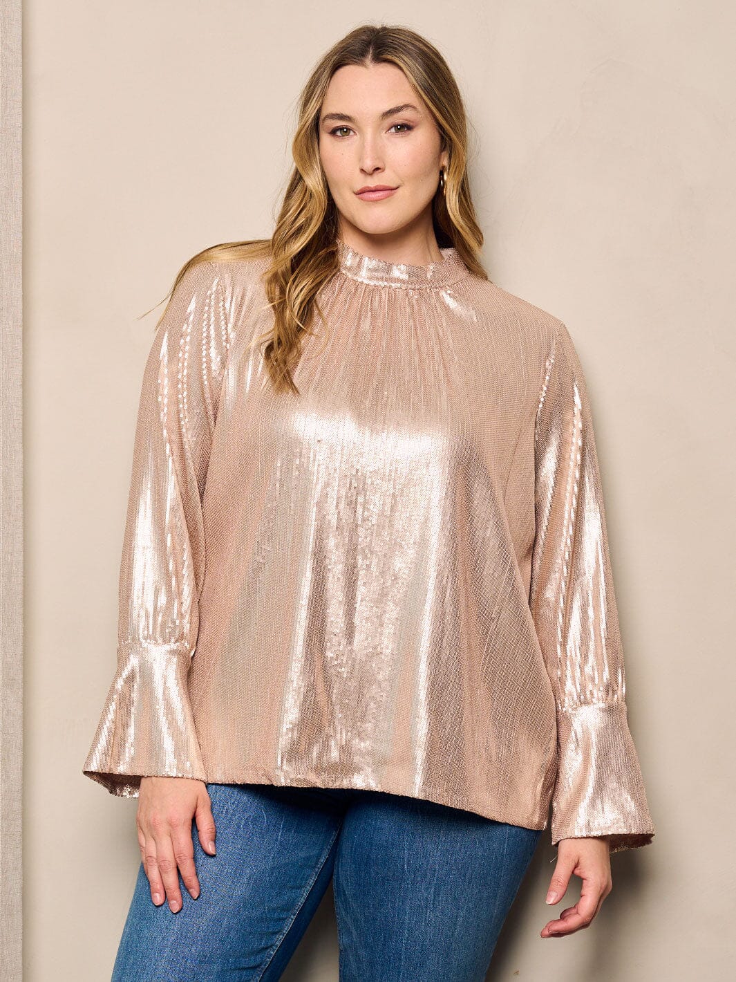 PLUS SIZE LONG BELL SLEEVE SEQUINS DETAILED BLOUSE TOP
