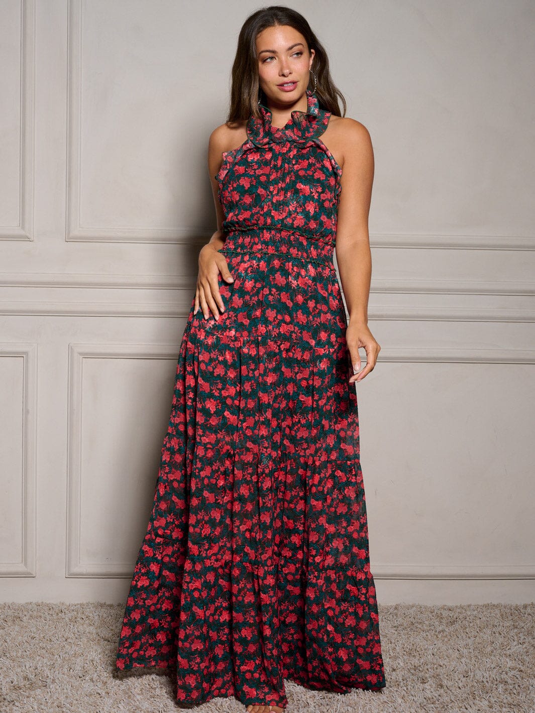 WOMEN'S SLEEVELESS HALTER NECK SMOCK FLORAL MAXI DRESS