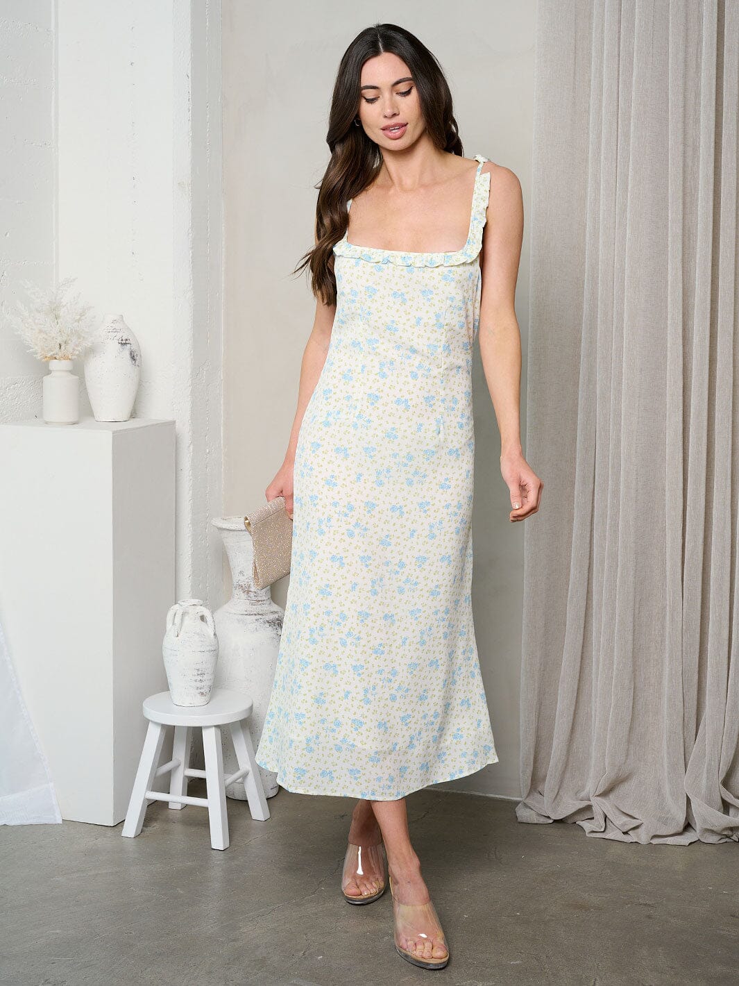 WOMEN'S SLEEVELESS SQUARE NECK FLORAL MIDI DRESS