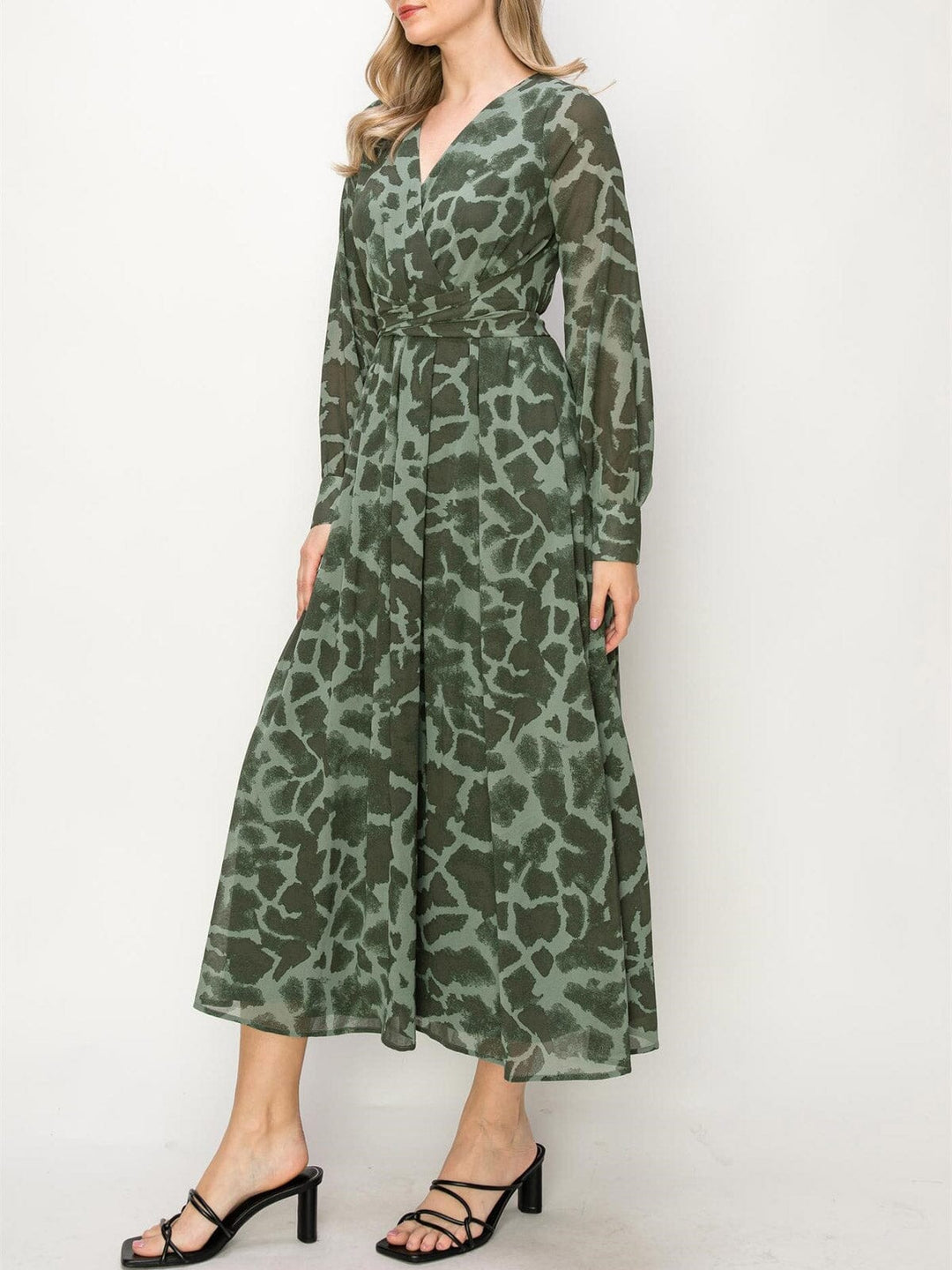 WOMEN'S LONG SLEEVE ANIMAL PRINT SURPLICE MAXI DRESS