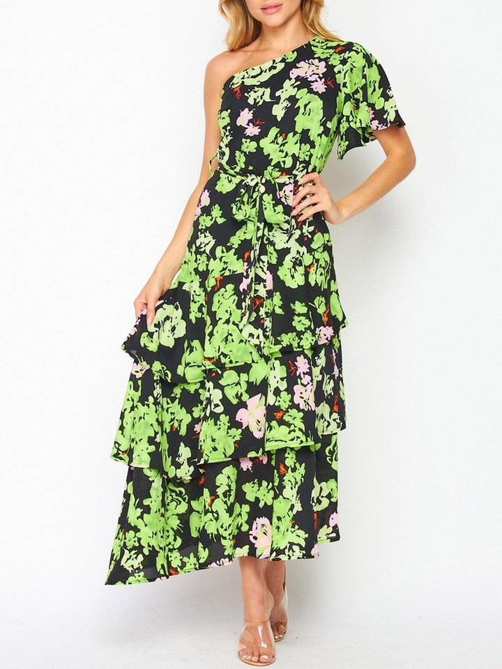 WOMEN'S SLEEVELESS ONE SHOULDER RUFFLE TIERED FLORAL MAXI DRESS