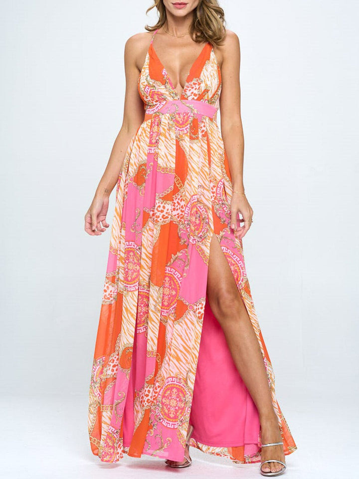 WOMEN'S SLEEVELESS V-NECK OPEN BACK MULTI PRINT MAXI DRESS
