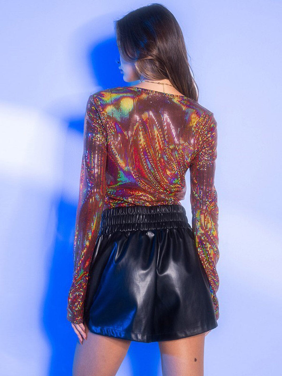 WOMEN'S LONG SLEEVE FRONT RUCHING SEQUINS BODYSUIT