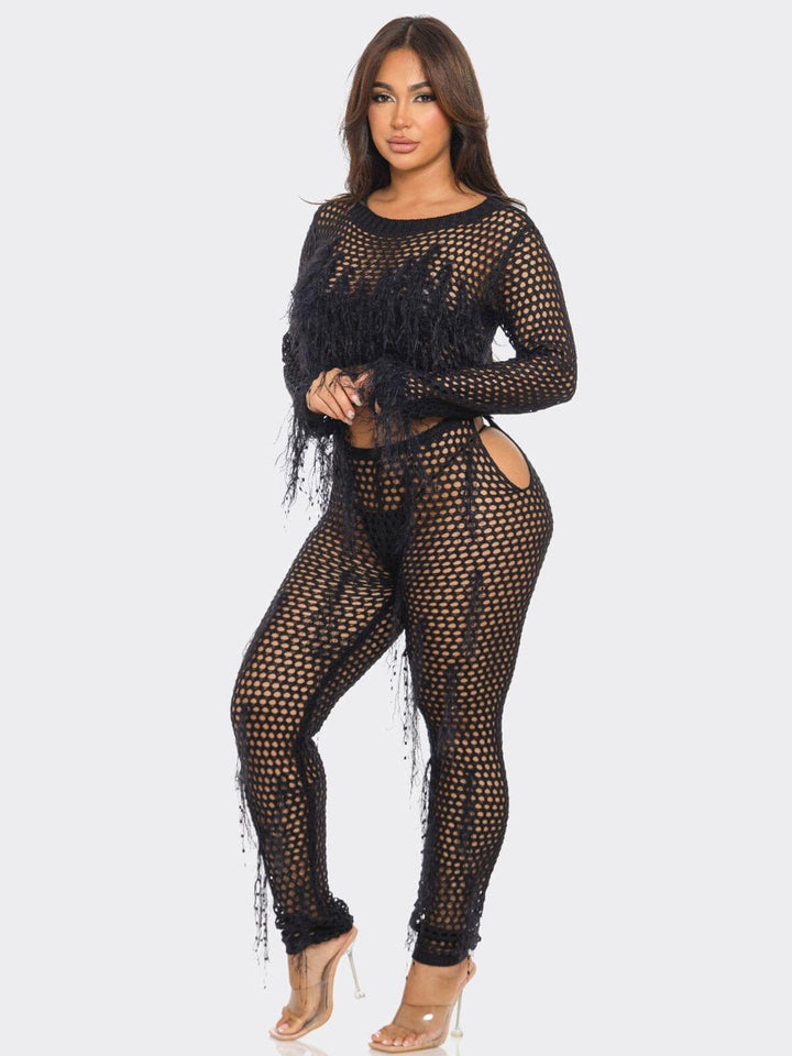 WOMEN'S LONG SLEEVE CUT OUT FRINGE MESH KNIT JUMPSUIT