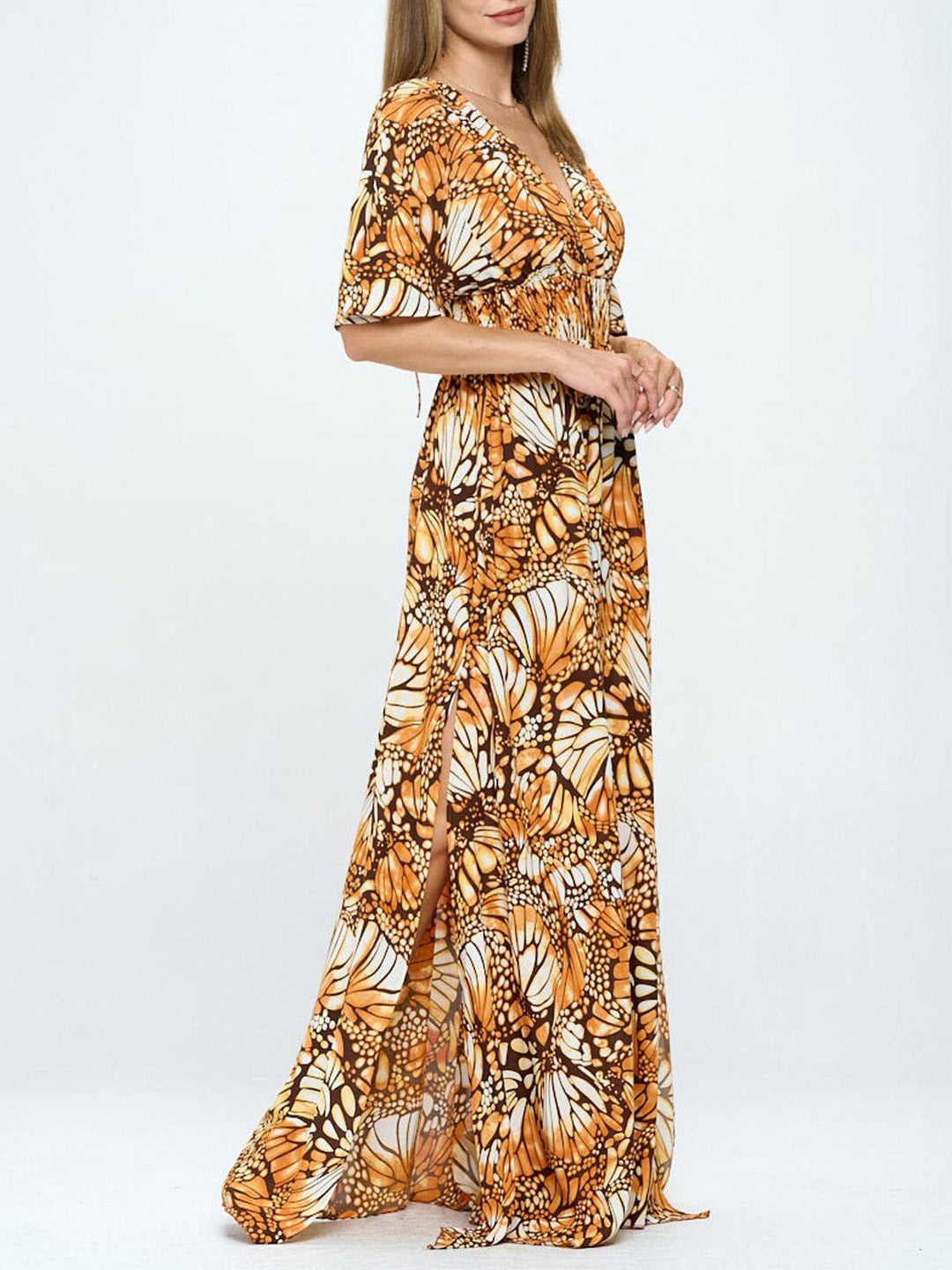 WOMEN'S SHORT SLEEVE SURPLICE SMOCK WAIST PRINTED MAXI DRESS