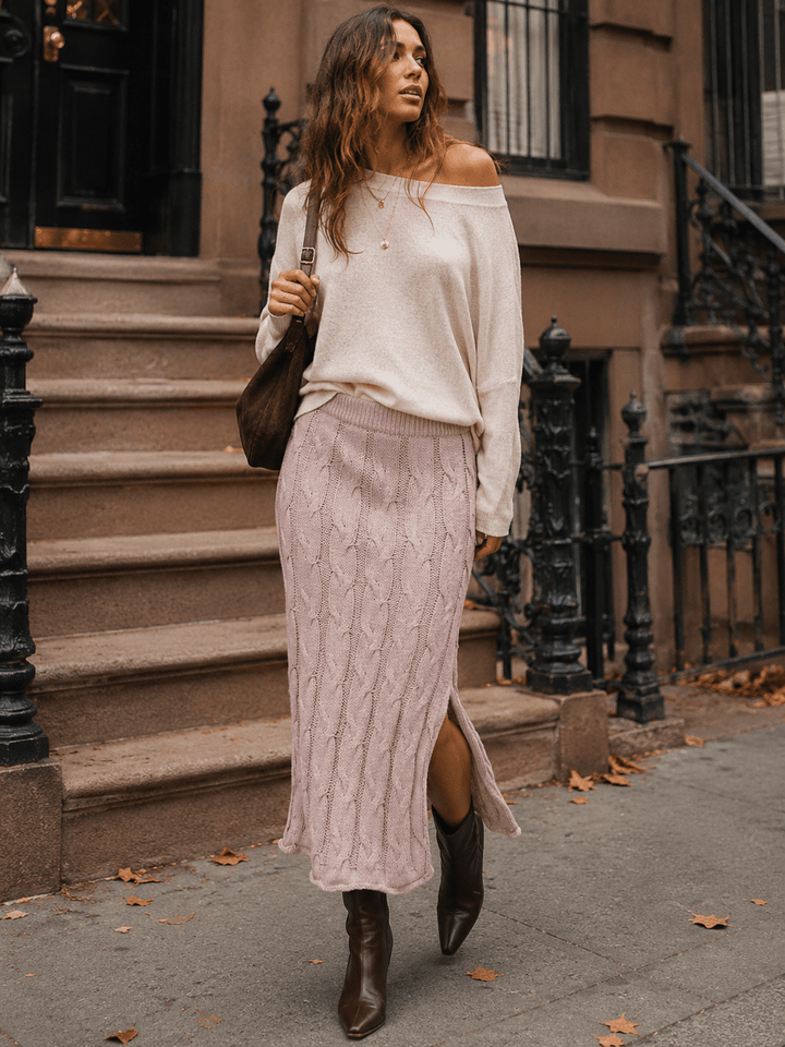 WOMEN'S ELASTIC WAIST CABLE KNIT SIDE SLIT MAXI SKIRT