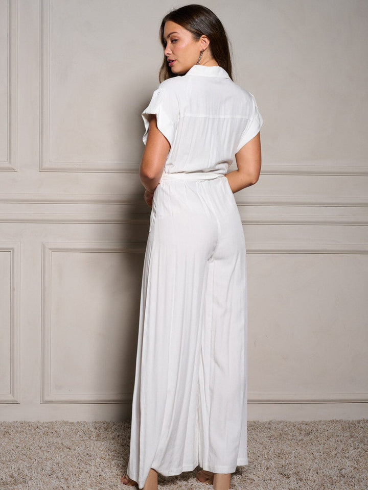 WOMEN'S SHORT SLEEVE BUTTON UP SELF TIE POCKETS WIDE LEG JUMPSUIT