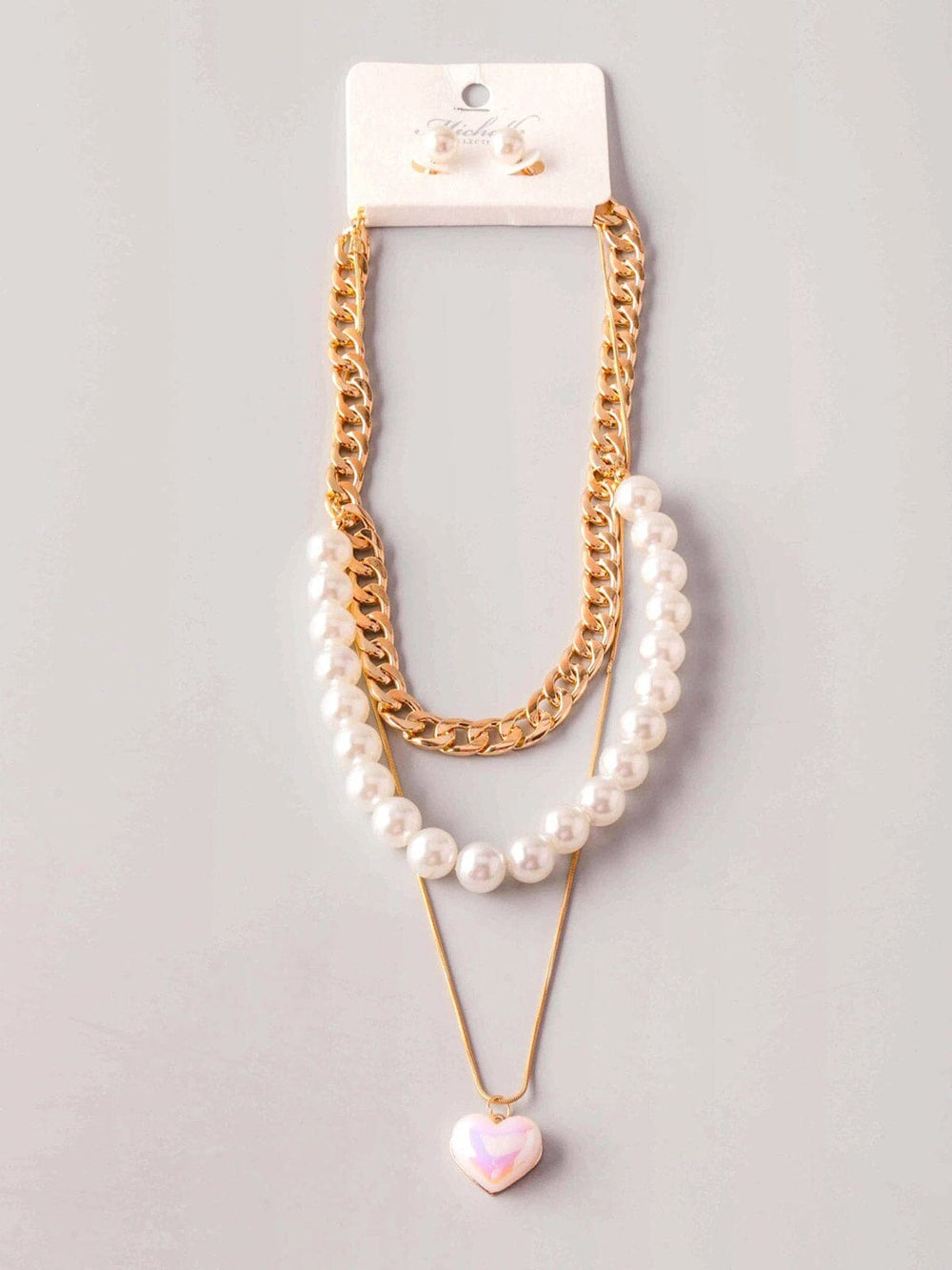 FASHION STUDS EARRINGS & HEART PENDANT CHAIN PEARL NECKLACE SET