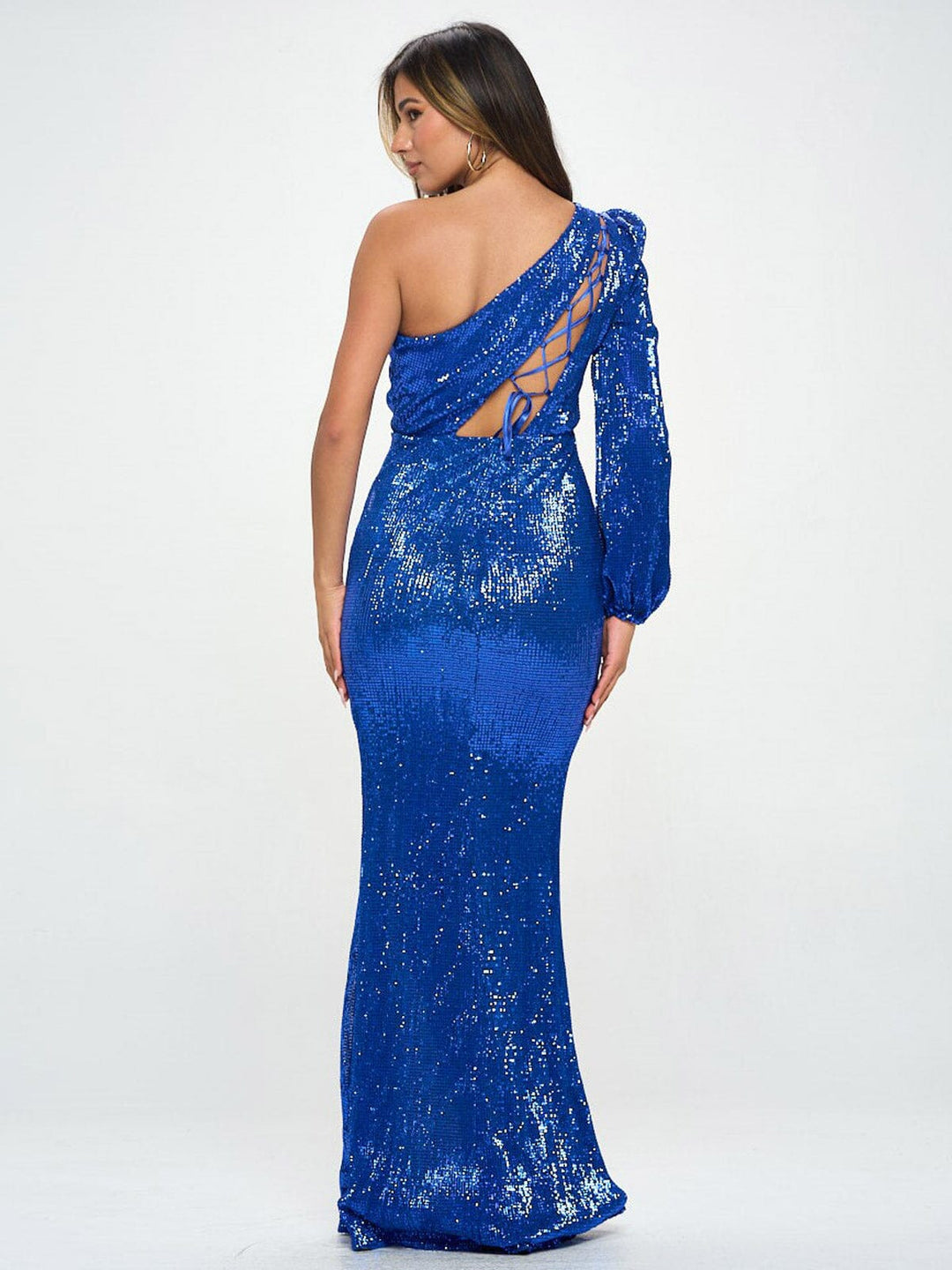 WOMEN'S SLEEVELESS ONE SHOULDER BACK DETAILED SEQUINS MAXI DRESS