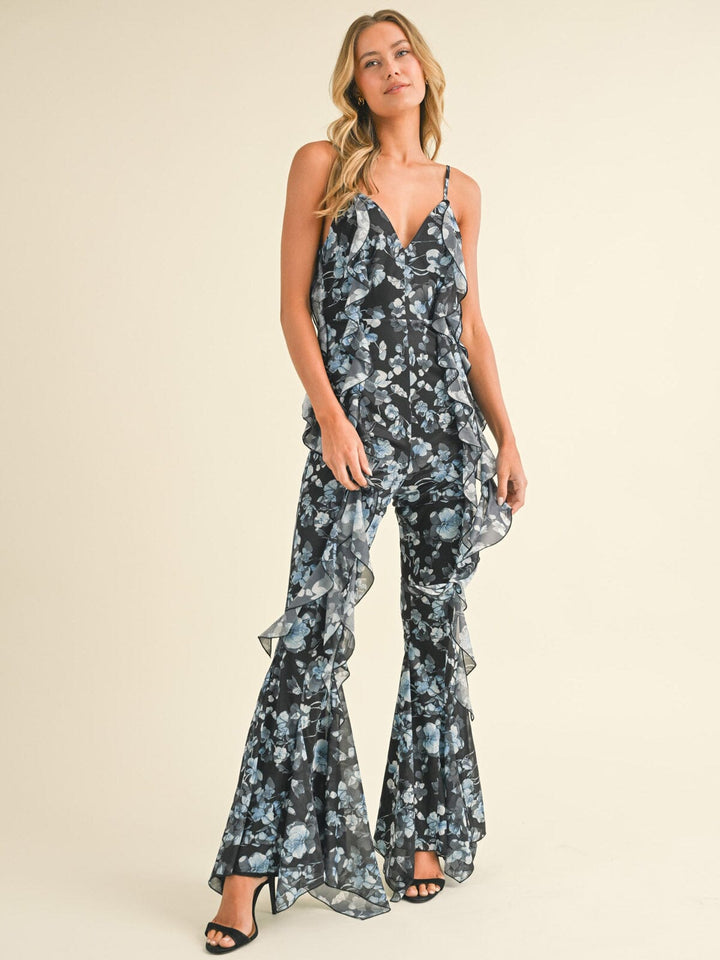 WOMEN'S SLEEVELESS V-NECK FLORAL RUFFLE BELL LEG JUMPSUIT
