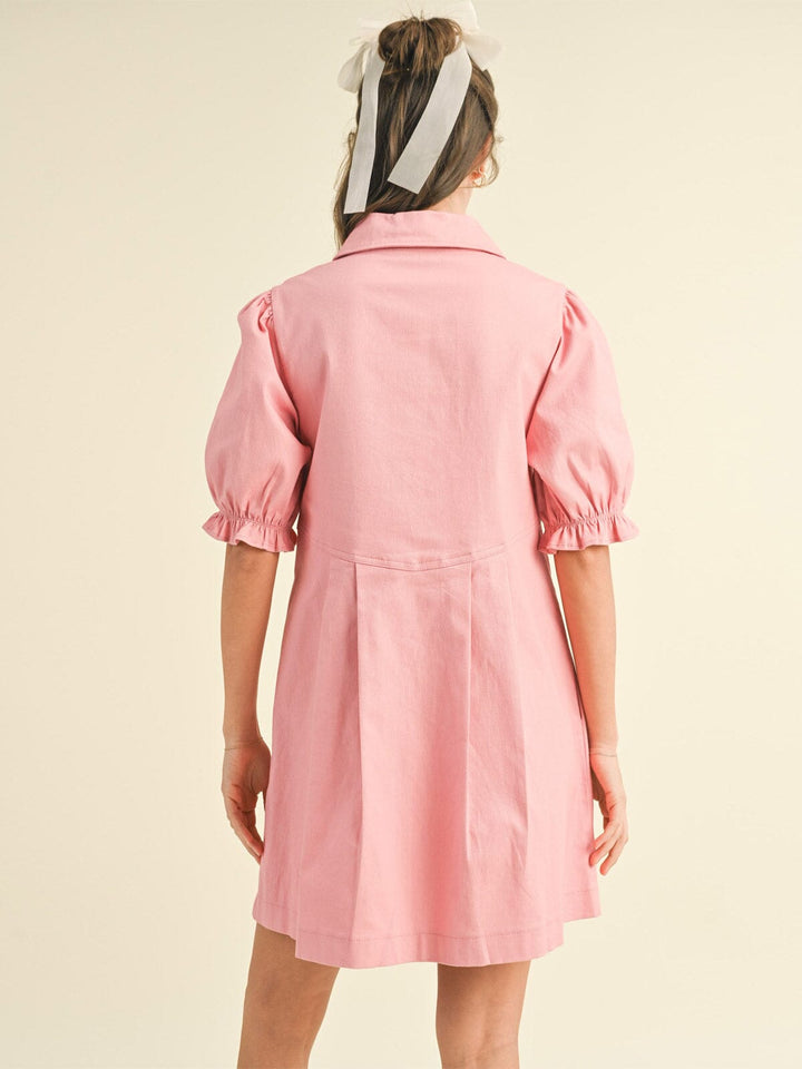 WOMEN'S SHORT PUFF SLEEVE BUTTON UP POCKETS DENIM MINI DRESS