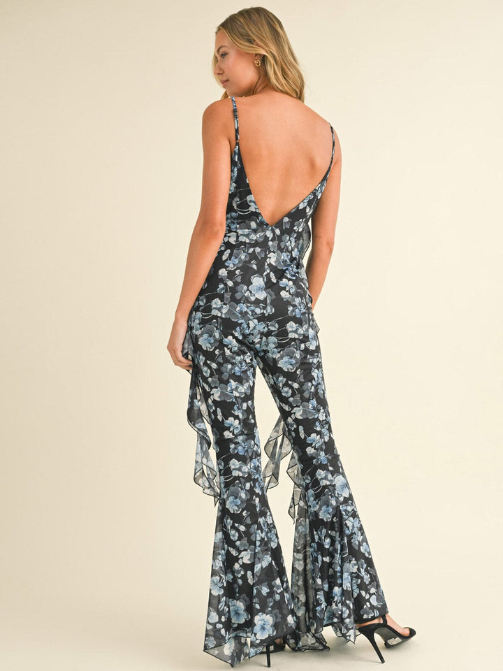 WOMEN'S SLEEVELESS V-NECK FLORAL RUFFLE BELL LEG JUMPSUIT
