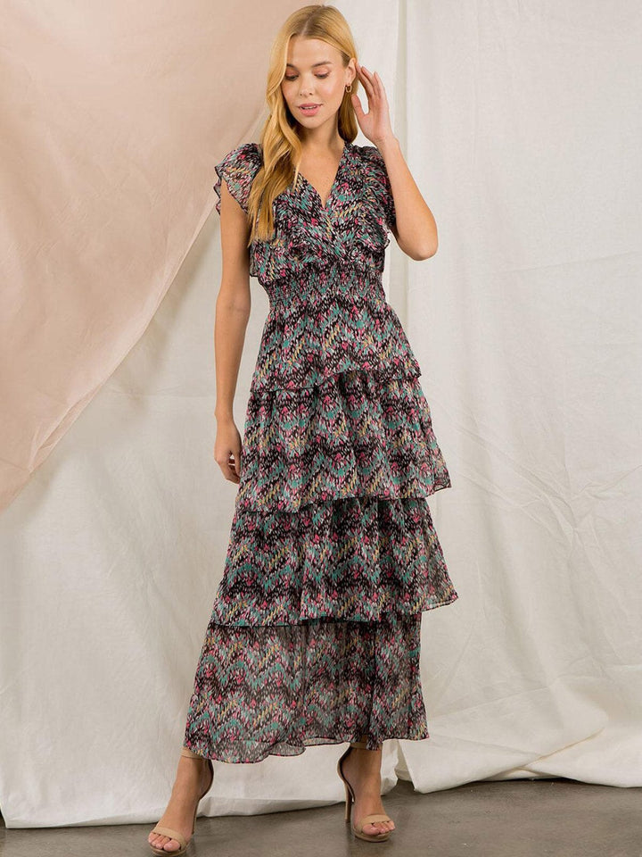 WOMEN'S SLEEVELESS V-NECK TIERED OPEN BACK MAXI DRESS