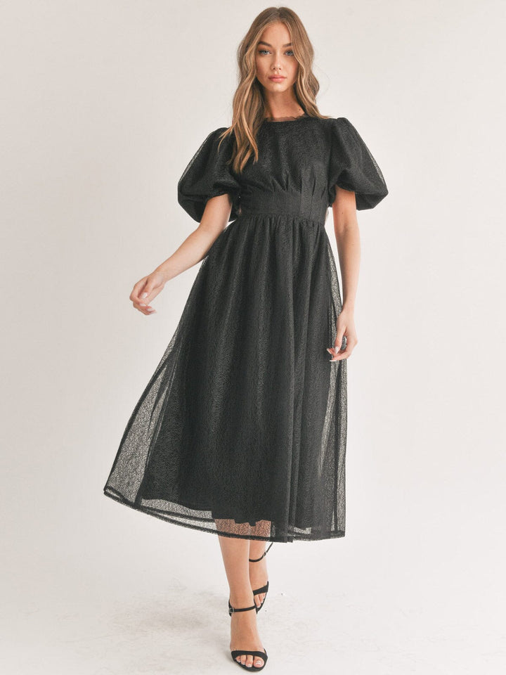 WOMEN'S SHORT PUFF SLEEVE ELASTIC WAIST OPEN BACK MAXI DRESS