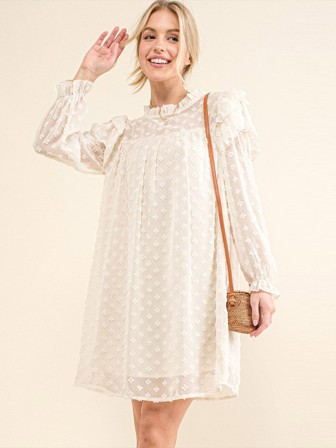 WOMEN'S LONG RUFFLE SLEEVE SWISS DETAILED TUNIC MINI DRESS