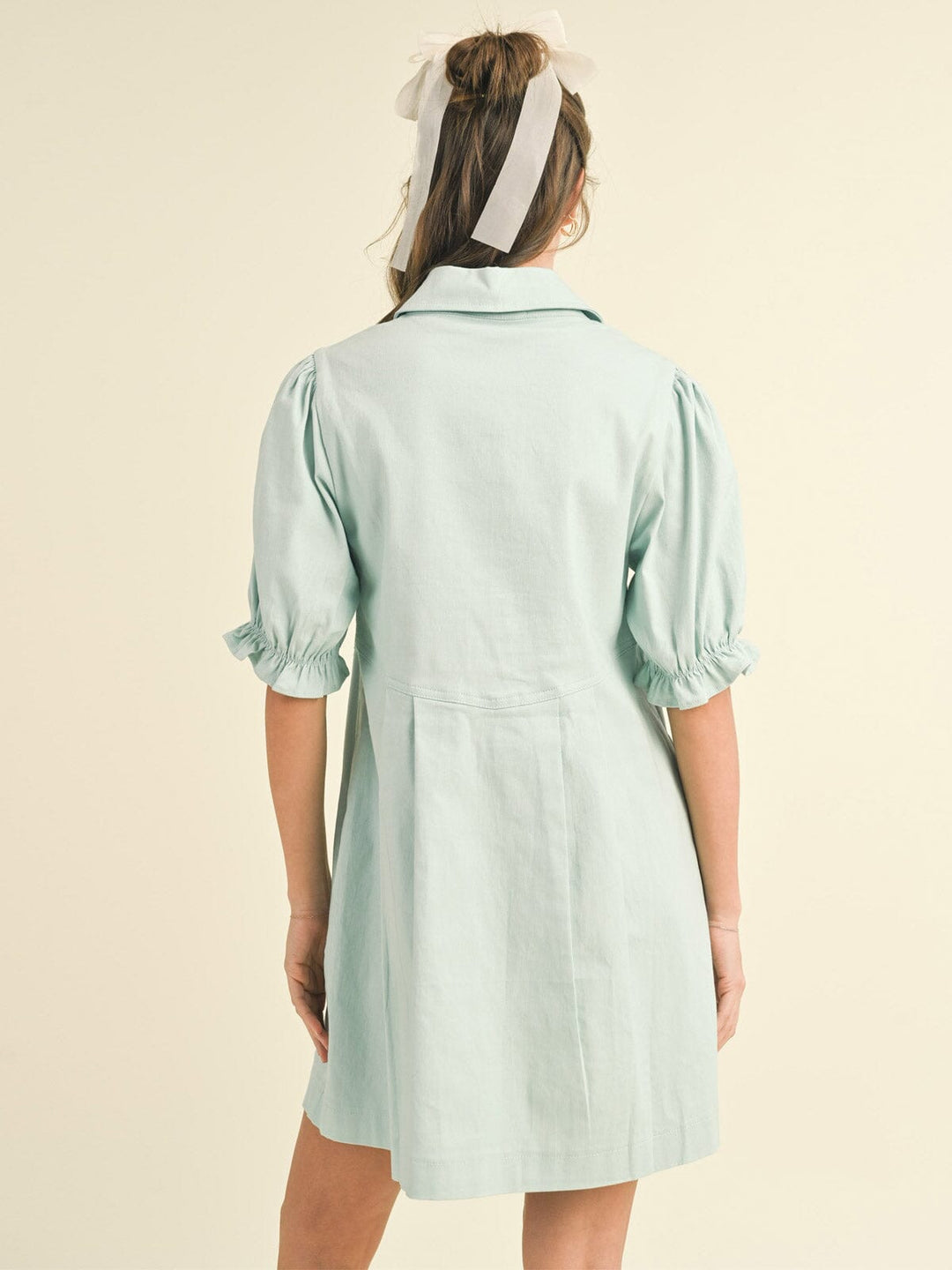 WOMEN'S SHORT PUFF SLEEVE BUTTON UP POCKETS DENIM MINI DRESS