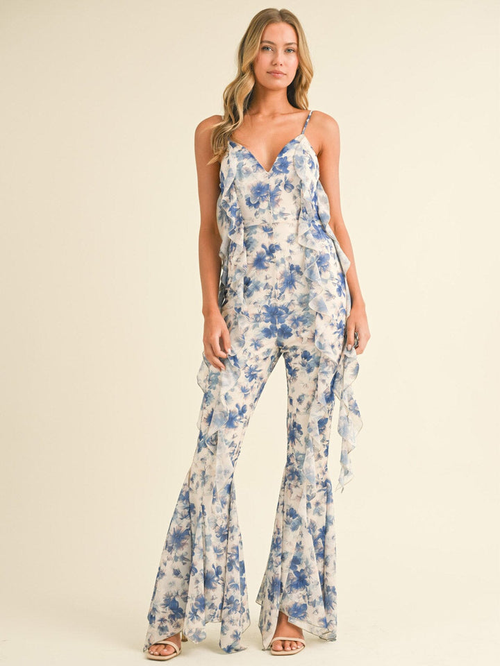 WOMEN'S SLEEVELESS V-NECK FLORAL RUFFLE BELL LEG JUMPSUIT