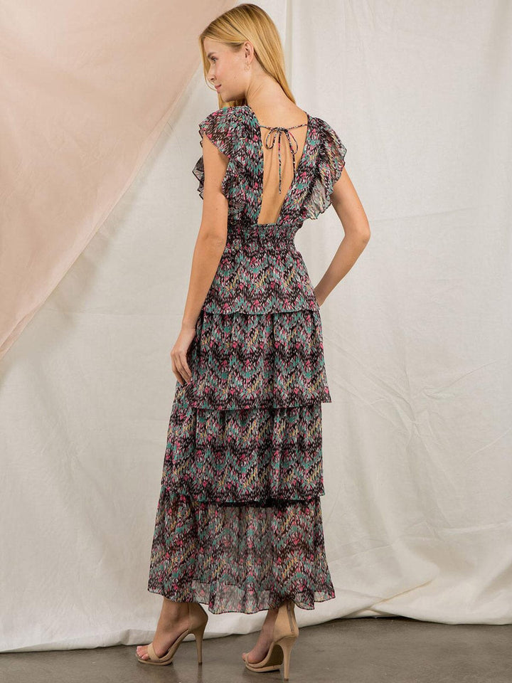 WOMEN'S SLEEVELESS V-NECK TIERED OPEN BACK MAXI DRESS