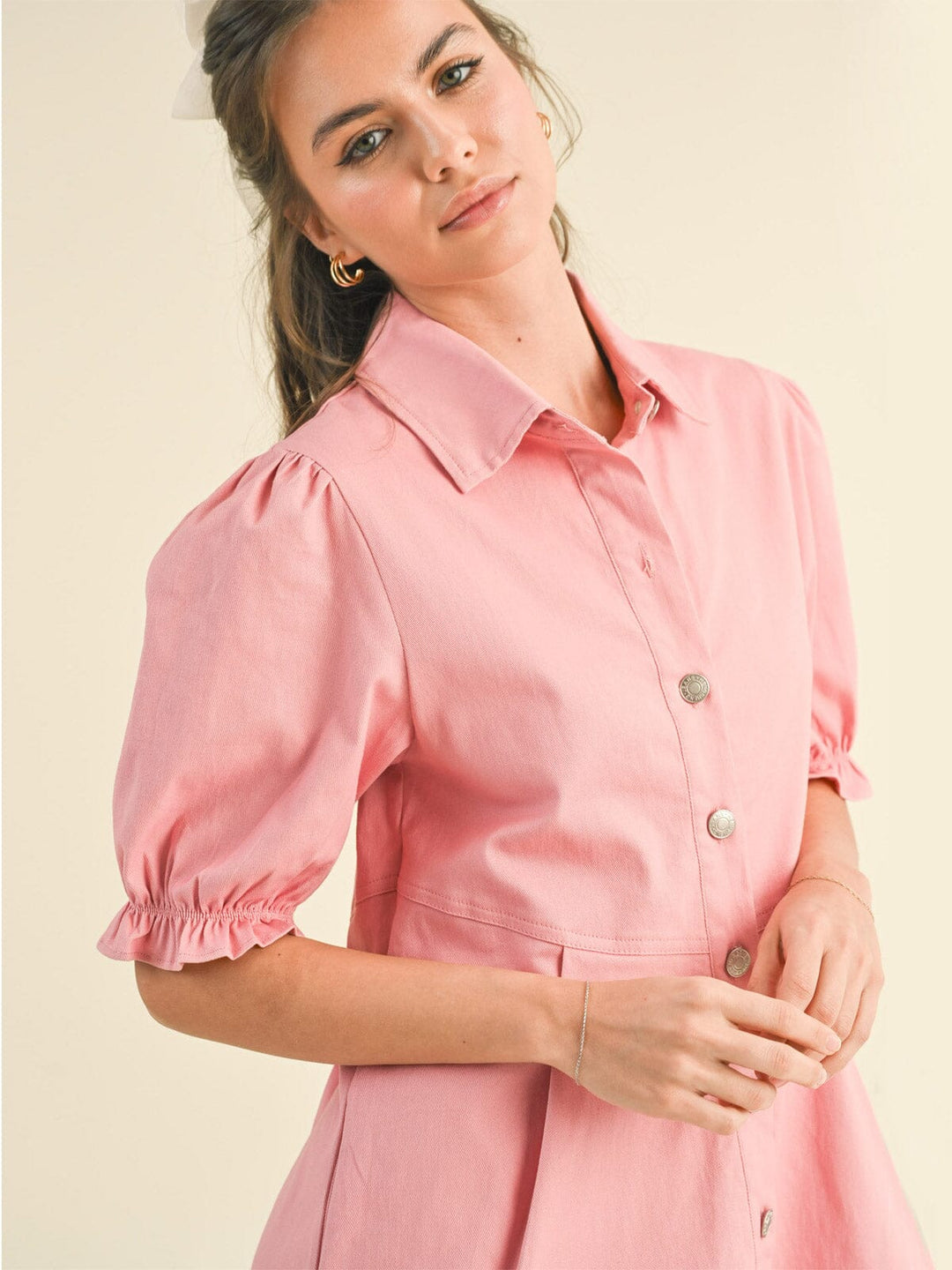 pink denim dress puff sleeve ASOS DESIGN denim button up mini dress with puff sleeves in soft pink