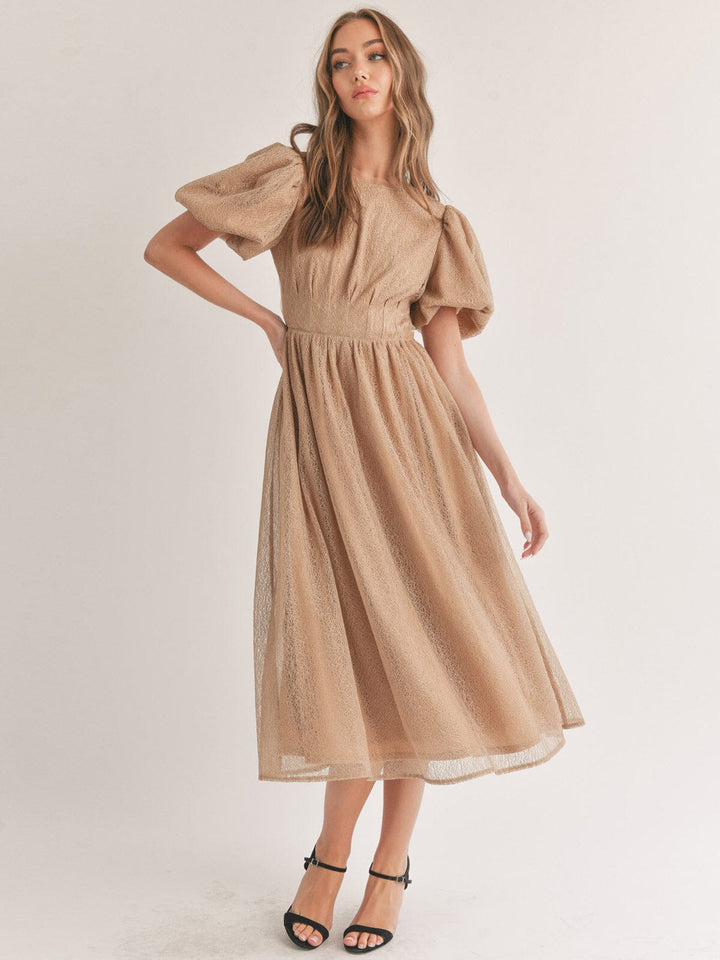 WOMEN'S SHORT PUFF SLEEVE ELASTIC WAIST OPEN BACK MAXI DRESS