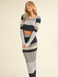 WOMEN'S LONG SLEEVE CROP TOP & ELASTIC WAIST MAXI SKIRT COLORBLOCK KNIT 2PC. SET