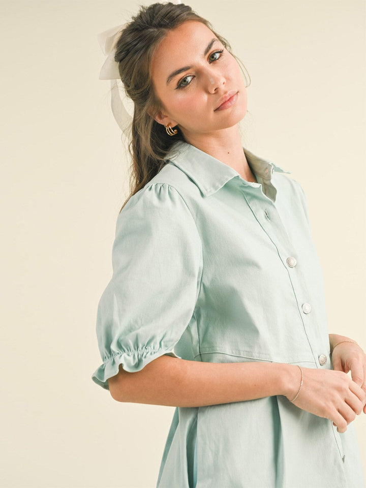 WOMEN'S SHORT PUFF SLEEVE BUTTON UP POCKETS DENIM MINI DRESS