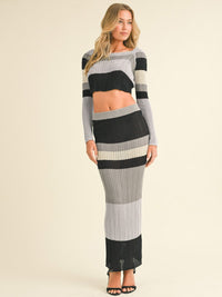 WOMEN'S LONG SLEEVE CROP TOP & ELASTIC WAIST MAXI SKIRT COLORBLOCK KNIT 2PC. SET