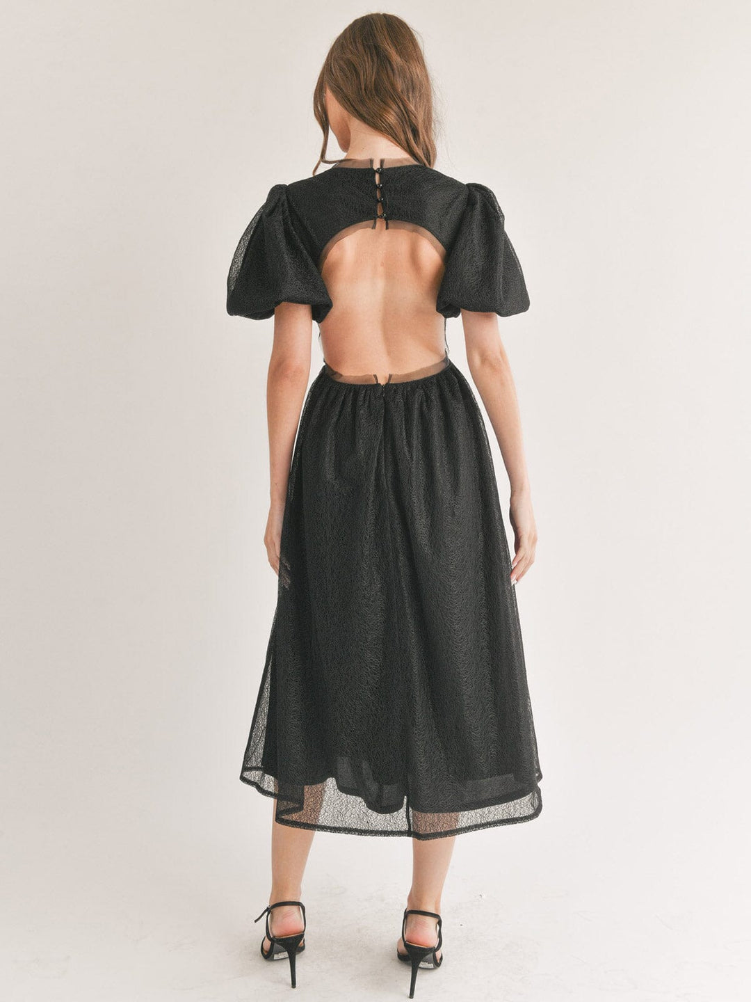 WOMEN'S SHORT PUFF SLEEVE ELASTIC WAIST OPEN BACK MAXI DRESS