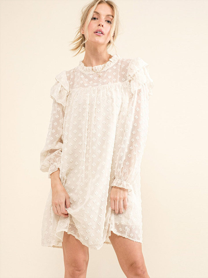 WOMEN'S LONG RUFFLE SLEEVE SWISS DETAILED TUNIC MINI DRESS