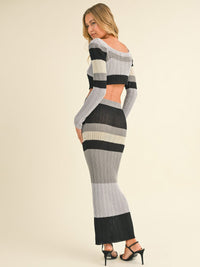 WOMEN'S LONG SLEEVE CROP TOP & ELASTIC WAIST MAXI SKIRT COLORBLOCK KNIT 2PC. SET
