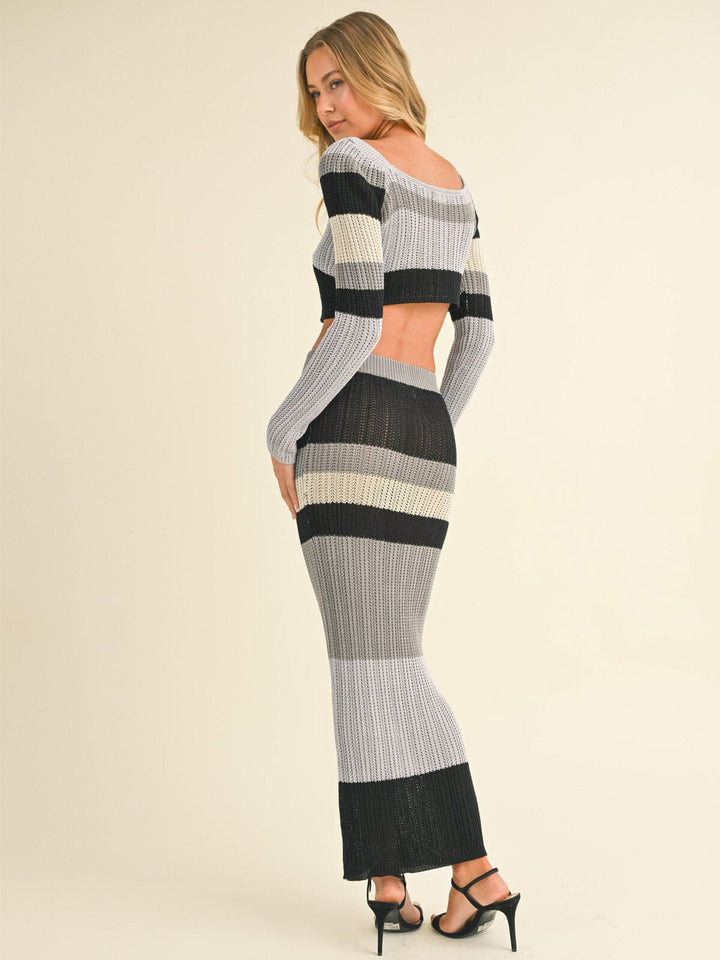 WOMEN'S LONG SLEEVE CROP TOP & ELASTIC WAIST MAXI SKIRT COLORBLOCK KNIT 2PC. SET