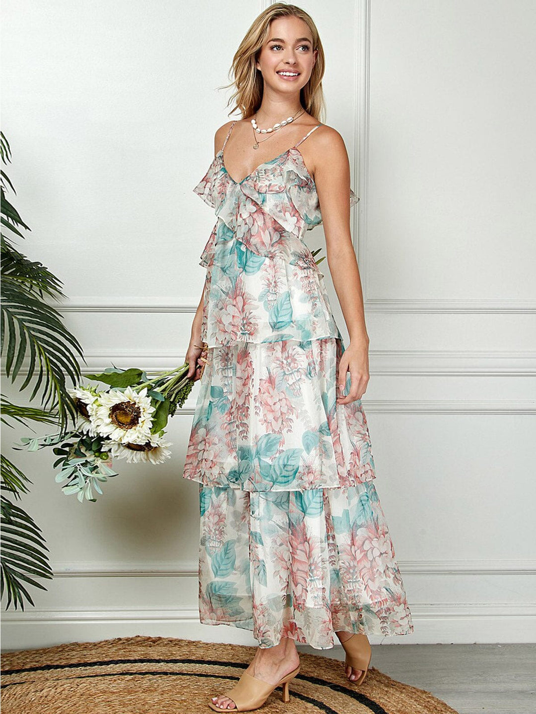 WOMEN'S SLEEVELESS V-NECK RUFFLE TIERED FLORAL PRINT MAXI DRESS