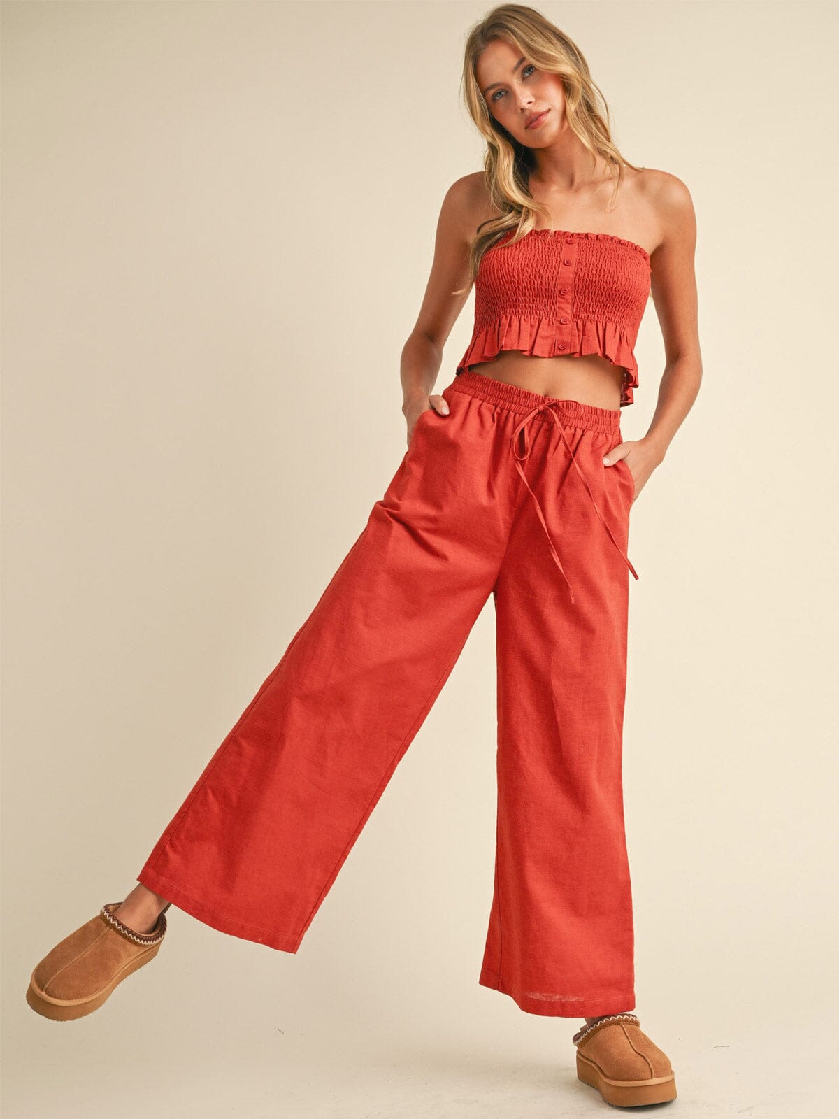 WOMEN'S SMOCK CROP TOP & WIDE LEG PANTS SOLID 2PC. SET