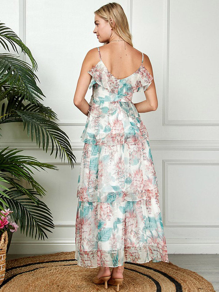 WOMEN'S SLEEVELESS V-NECK RUFFLE TIERED FLORAL PRINT MAXI DRESS