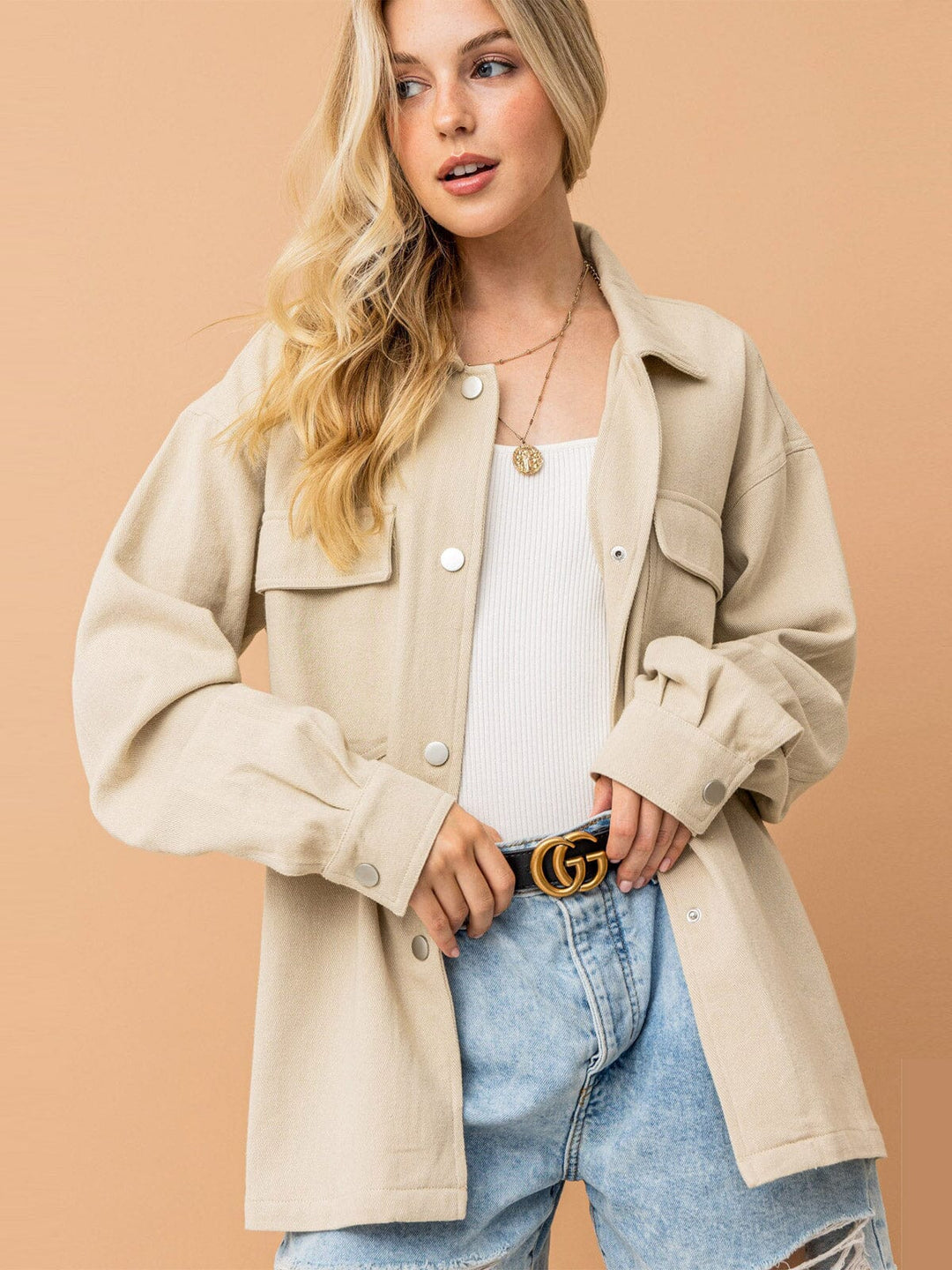 WOMEN'S LONG SLEEVE FRONT POCKETS BUTTON CLOSURE BACK EMBROIDERY DENIM SHACKET