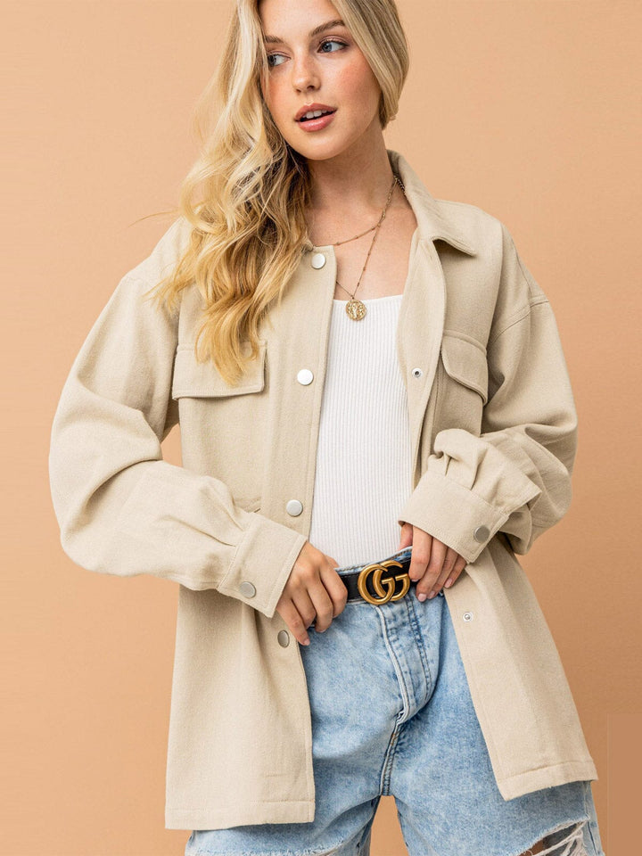 WOMEN'S LONG SLEEVE FRONT POCKETS BUTTON CLOSURE BACK EMBROIDERY DENIM SHACKET