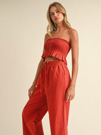 WOMEN'S SMOCK CROP TOP & WIDE LEG PANTS SOLID 2PC. SET