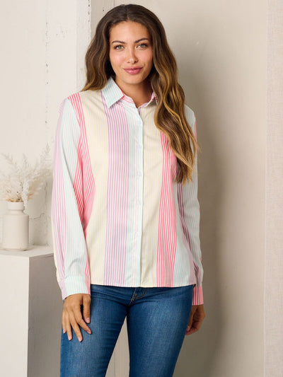 WOMEN'S LONG SLEEVE BUTTON UP MULTI COLOR STRIPES TOP