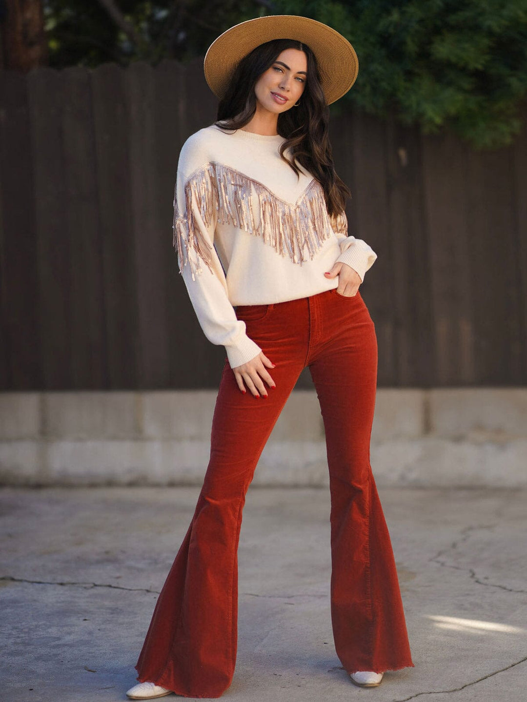 WOMEN'S BUTTON CLOSURE POCKETS BELL LEG CORDUROY PANTS